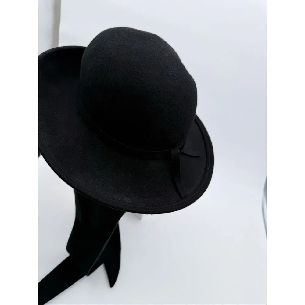 Vintage Black Wool Cloche Hat w/ Back Ribbon Ties | 1990s Y2K Women’s Felt Hat - Picture 7 of 11